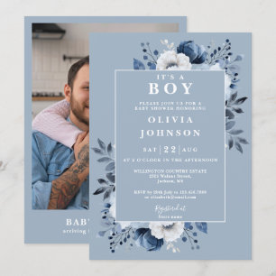 Invitation C'est un garçon Dusty Blue Floral Baby shower phot