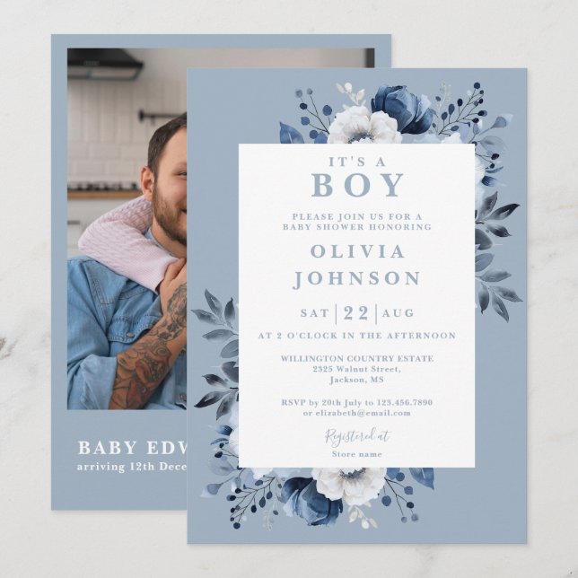Invitation C'est un garçon Dusty Blue Floral Photo QR Baby sh (Devant / Derrière)
