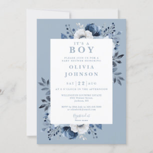 Invitation C'Est Un Garçon Dusty Blue Floral Tout En Un Baby 