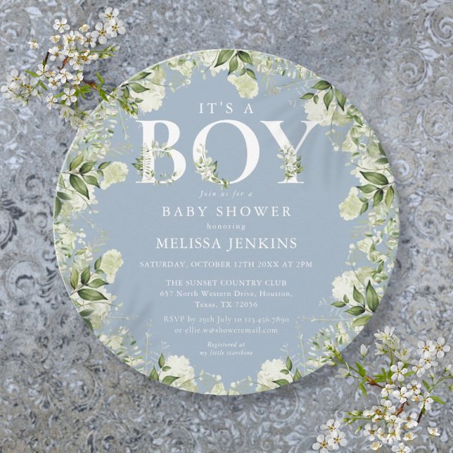 Invitation C'est un garçon Dusty Blue Greenery Baby shower (Its A Boy Dusty Blue Greenery Letter Baby Shower Invitation)