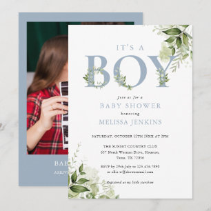 Invitation C'est un garçon Dusty Blue Greenery Baby shower ph