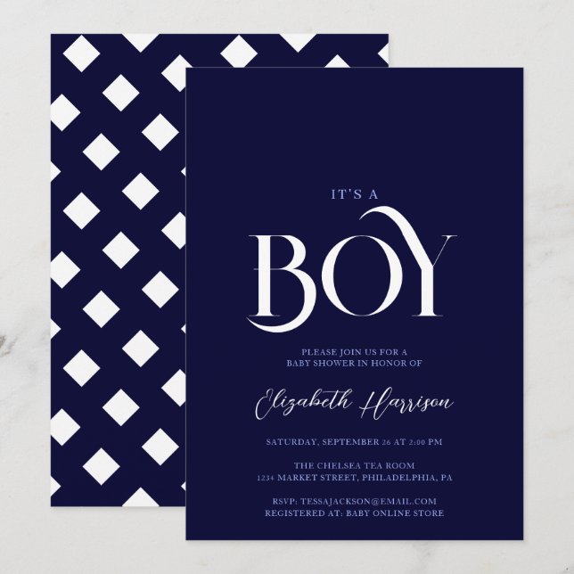 Invitation "c'est un garçon" Elegant Chic Navy Baby shower bl (Devant / Derrière)