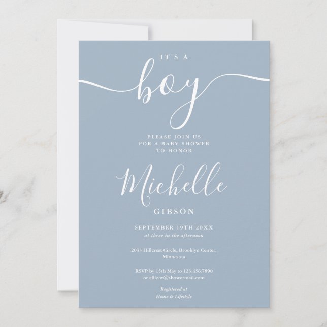 Invitation C'Est Un Garçon Élégant Dusty Blue Boy Baby shower (Devant)