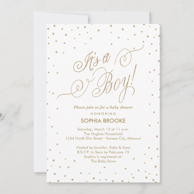 Invitation C'est un garçon Fancy Gold Stars Baby shower blanc (Devant)