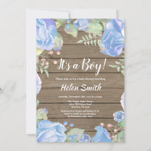 Invitation C'est un garçon Fleurs bleues Baby Shower Bois rus