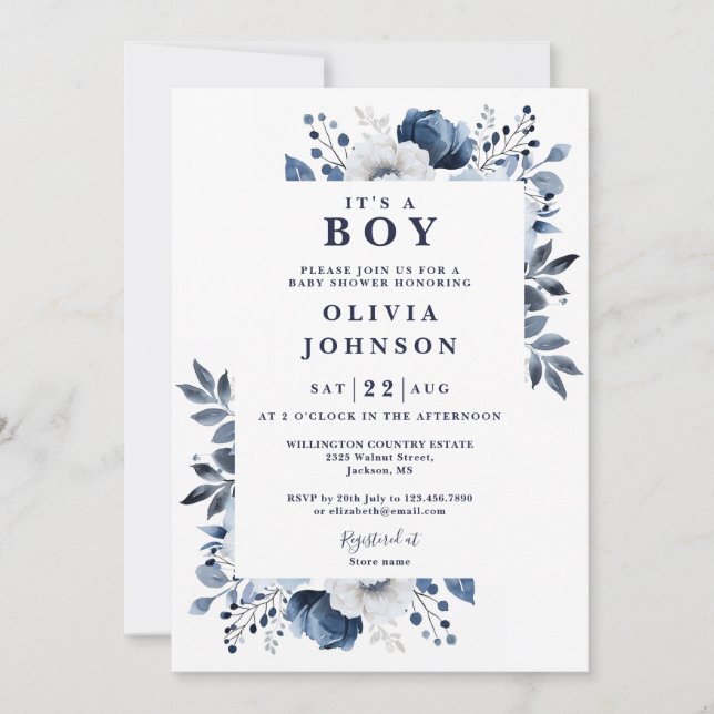 Invitation C'Est Un Garçon Floral Bleu Tout En Un Baby shower (Devant)