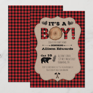 Invitation C'est un garçon Lumberjack Plaid Baby shower Invit
