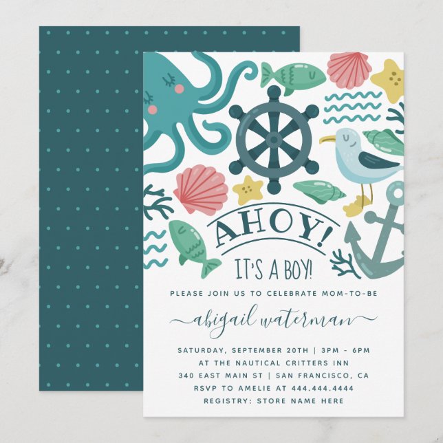 Invitation C'est un garçon pour la Baby Shower sur le thème M (Devant / Derrière)