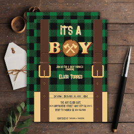 Invitation C'est un garçon Rustic Lumberjack Flannel Baby sho