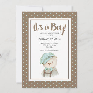 Invitation C'est un garçon Tan Polka Dot Teddy Bear Baby show