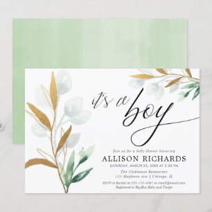 Invitation C'est un garçon un baby shower vert moderne en or