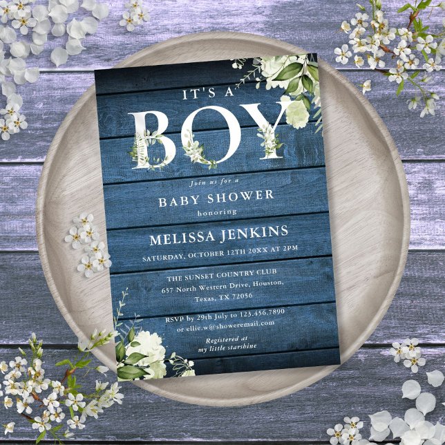 Invitation C'Est Un Garçon Vert Bleu Baby shower Rustique Boi (Its A Boy Greenery Blue Rustic Wood Baby Shower Invitation)