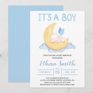 Invitation C'est un garçon Watercolor Baby Boy On Moon Baby s