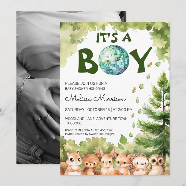 Invitation C'est un garçon Woodland Disco Baby Boy Shower (Devant / Derrière)