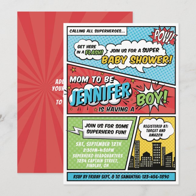 Invitation C'est un petit Baby shower de Superhero de livre d (Devant / Derrière)