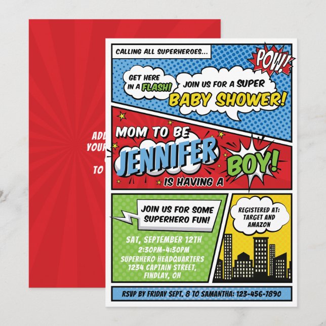 Invitation C'est un petit Baby shower de Superhero de livre d (Devant / Derrière)