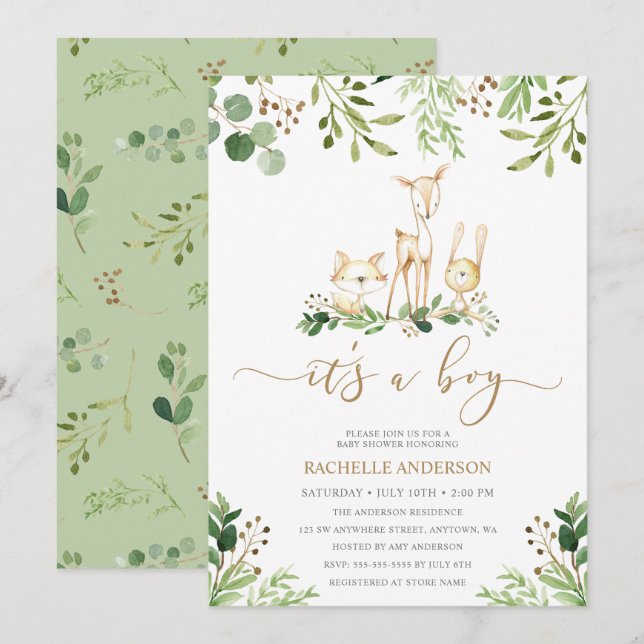 Invitation C'est un petit Baby shower de verdure pour animaux (Devant / Derrière)