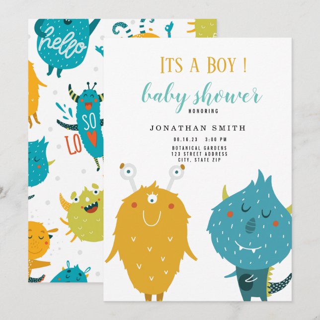 Invitation C'est un petit baby shower monstre (Devant / Derrière)