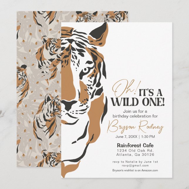 Invitation C'est un sauvage tigre jungle premier anniversaire (Devant / Derrière)