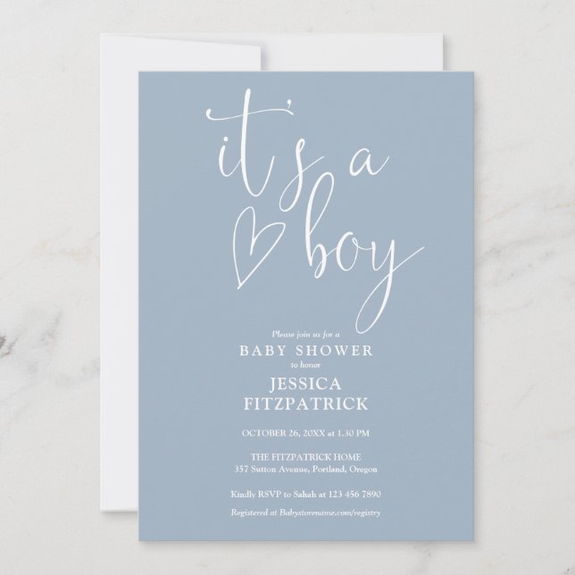 Invitation C'est un Script Garçon Coeur Dusty Blue Boy Baby s (Devant)