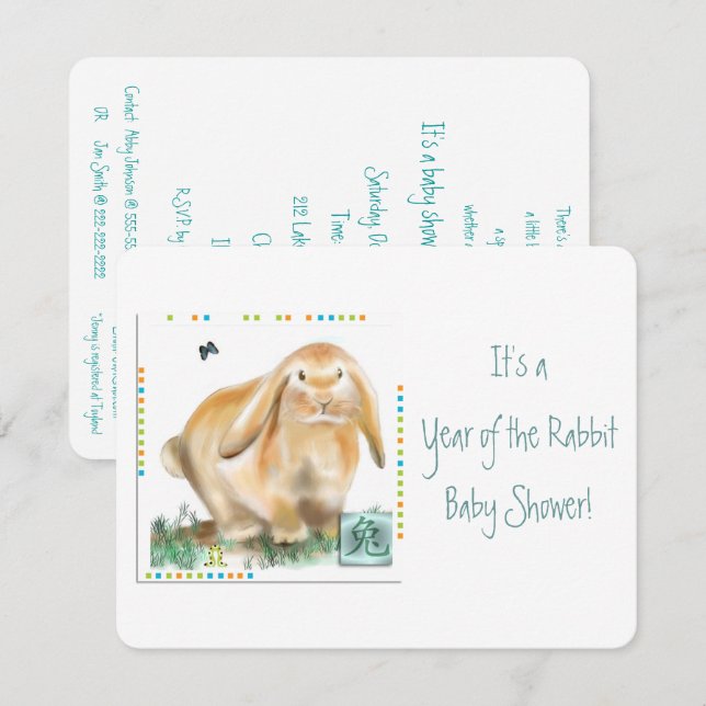 Invitation C'est une année du Baby shower du lapin ! (Devant / Derrière)