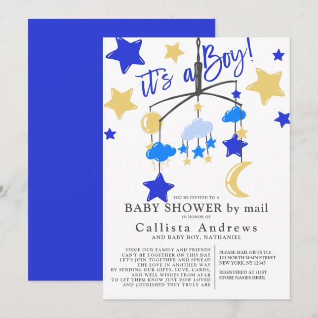 Invitation C'est une Baby Shower Mobile Garçon Lune Étoiles p (Devant / Derrière)