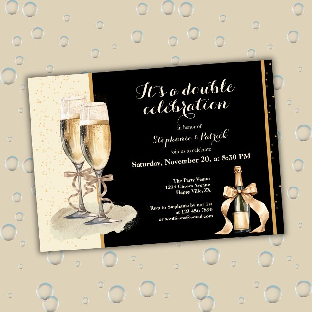 Invitation C'est une double fête de Champagne d'or (Créateur téléchargé)