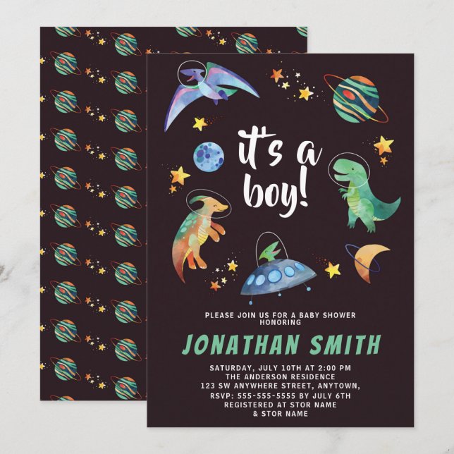 Invitation C'est une fête de Baby shower de Dinosaure de l'Es (Devant / Derrière)