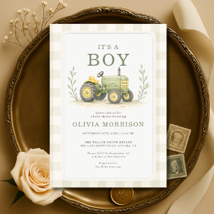 Invitation C'est une Fête de Naissance Garçon Tracteur Vichy