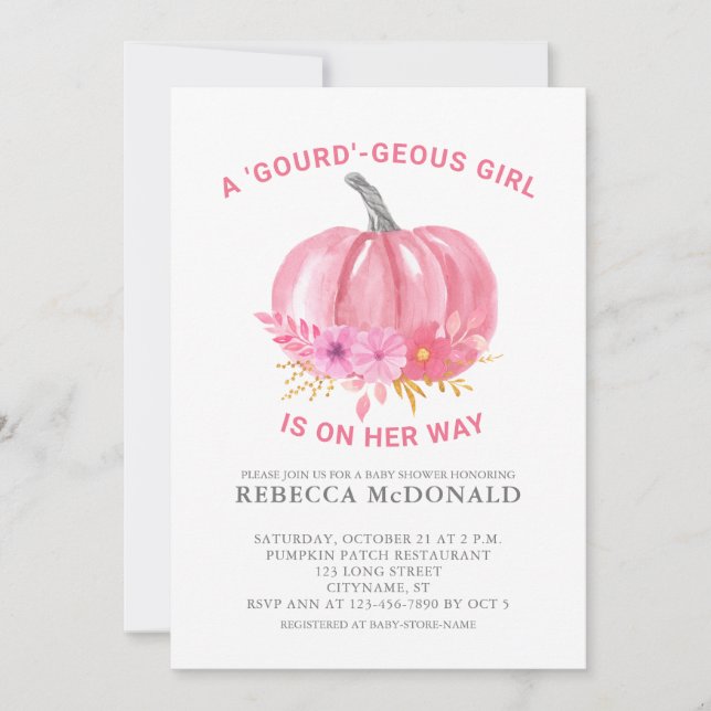 Invitation C'est une fille amusant Pun rose Citrouille Baby G (Devant)