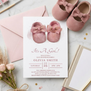 Invitation C'est une fille Aquarelle Chaussures de bébé migno