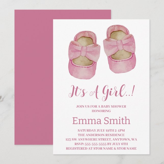 Invitation C'est une fille Aquarelle mignonne Baby shower cha (Devant / Derrière)