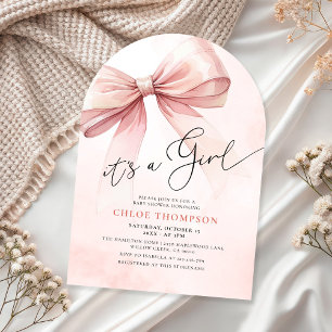 Invitation C'est une fille Aquarelle rose Bow Baby Girl Douch