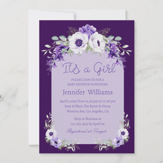 Invitation c'est une fille, aquarelle violet baby shower flor (Devant)
