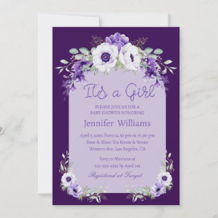 Invitation c'est une fille, aquarelle violet baby shower flor