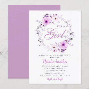 Invitation C'Est Une Fille Aquarelle Violet Baby shower Flora