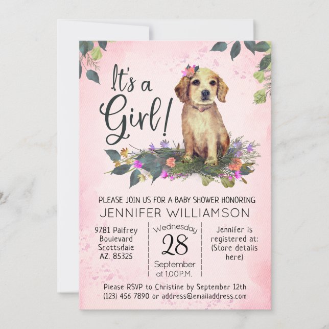 Invitation C'est une fille ! Baby shower d'aquarelle florale  (Devant)