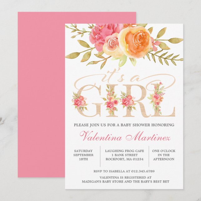 Invitation C'est une fille Baby shower d'aquarelle rose flora (Devant / Derrière)
