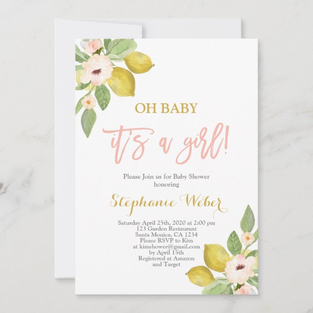 Invitation C'est une fille Baby shower de citrons d'agrumes (Devant)