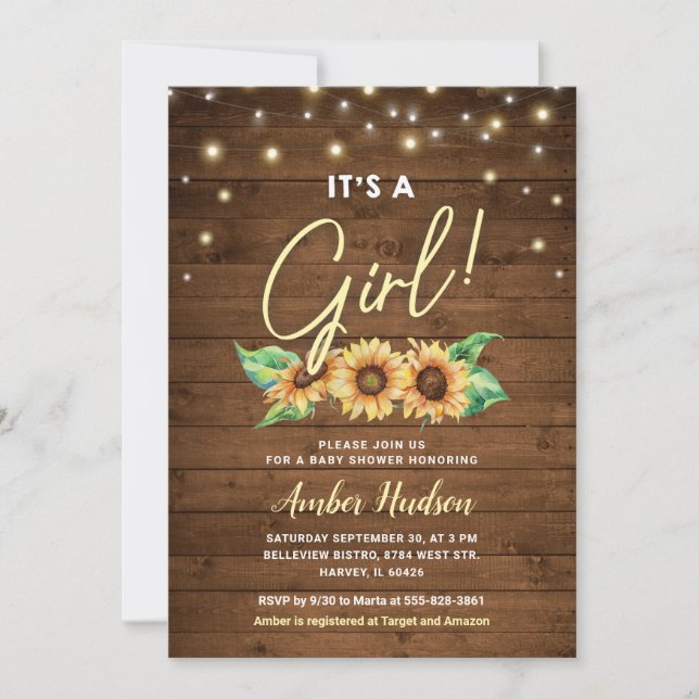 Invitation C'est une fille Baby shower de tournesol jaune sau (Devant)