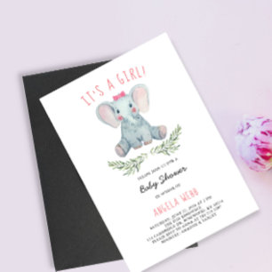 Invitation C'est une fille Baby shower éléphant portant une c