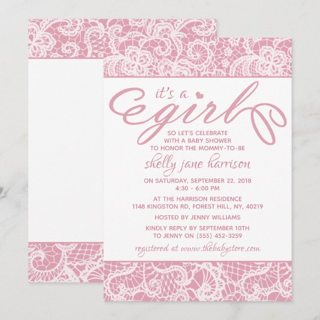 Invitation C'est une fille ! Baby shower en dentelle rose et  (Devant / Derrière)