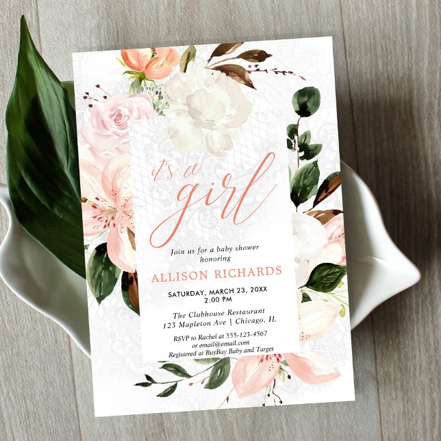 Invitation C'est une fille baby shower floral en dentelle ros (Créateur téléchargé)