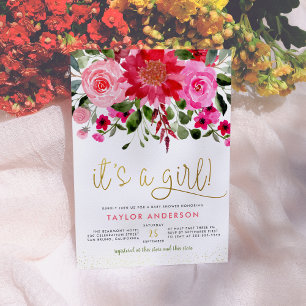 Invitation C'est une fille ! Baby shower floral rose et rouge