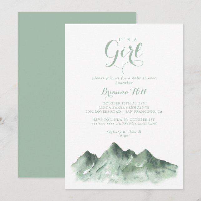 Invitation C'est une fille Baby shower Green Mountain Country (Devant / Derrière)