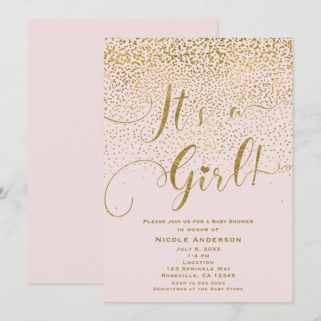 Invitation C'est une fille Baby shower rose et or Confetti (Devant / Derrière)