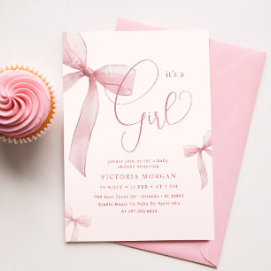 Invitation C'est une fille Baby Shower Rose Ruban