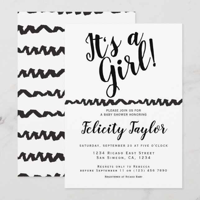 Invitation C'est une fille Baby shower typographie noir blanc (Devant / Derrière)