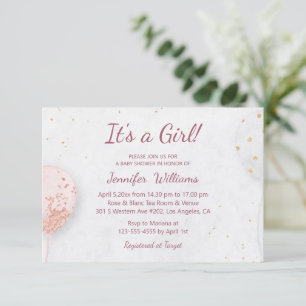 Invitation c'est une fille, ballons roses baby shower minimal