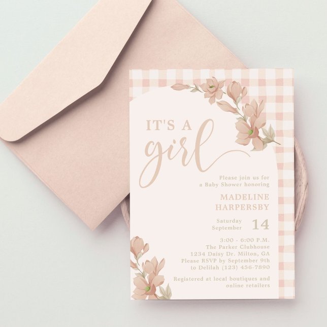 Invitation C'est une fille Blush rose En vichy Baby shower Fl (Créateur téléchargé)
